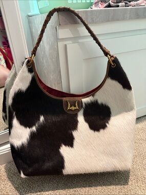 Cowhide Shoulder Hobo Bag with Brown Trim